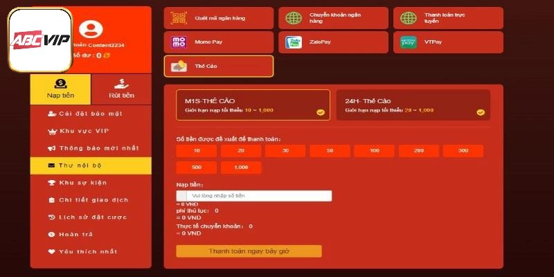 Vào đúng account của mình để bắt đầu nạp vốn